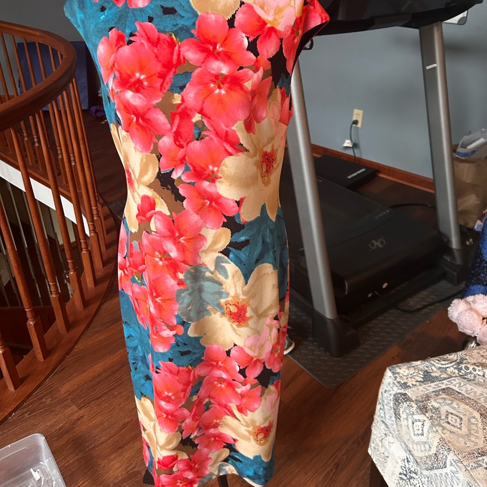 Maggy London Coral and Teal Floral Midi Dress